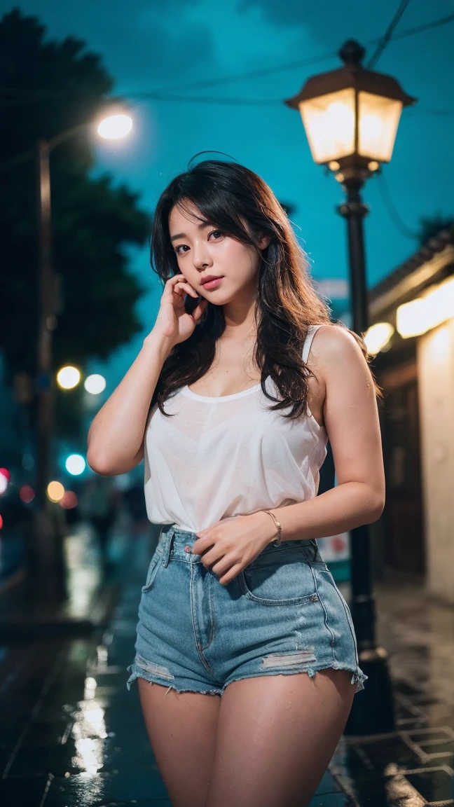 1girl,solo,long hair,Rough skin,(looking at viewer:1.2),wet hair,micro_shorts,dark,polaroid,(depth_of_field:1.5),rainy days,outdoors,street,hair between eyes,moody lighting,Tyndall effect,Cinematic Lighting,night,lamppost,lens flare,available light,rim light,glowing neon lights,curvy,chinese_style, laying down, lega opened