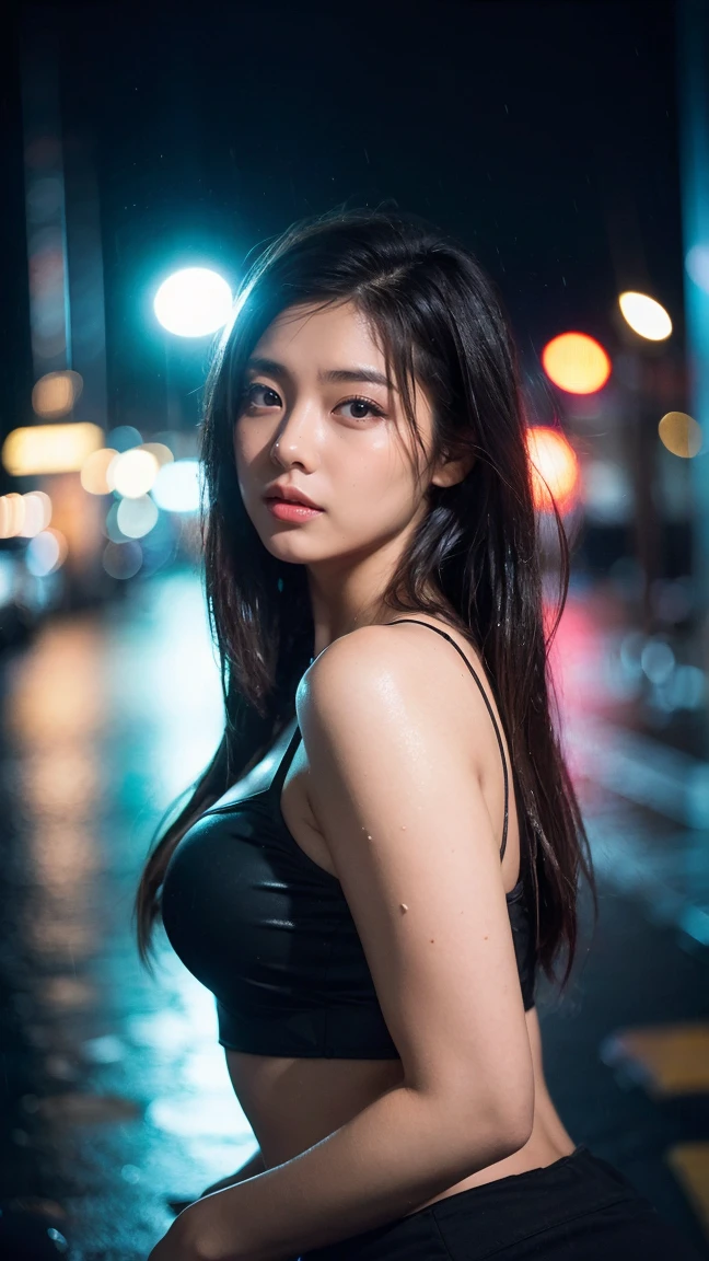 1girl,solo,long hair,Rough skin,(looking at viewer:1.2),wet hair,micro_shorts,dark,polaroid,(depth_of_field:1.5),rainy days,outdoors,street,hair between eyes,moody lighting,Tyndall effect,Cinematic Lighting,night,lamppost,lens flare,available light,rim light,glowing neon lights,curvy,chinese_style, laying down, lega opened