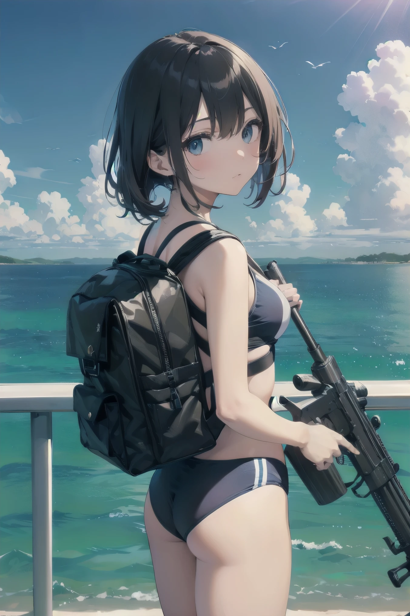 high quality、最high quality、Ultra-high resolution、Slender beauty、Swimwear、Embarrassed look、Droopy eyes、crack、Backpack、Water Machine Gun、Equipped with a bazooka