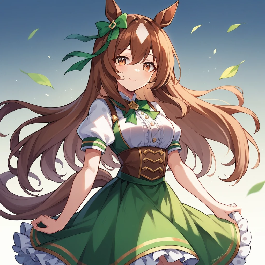 1girl, solo, umamusume, horse girl, horse ears, horse tail, brown eyes, brown hair, long hair, light smile, ear bow, frilled skirt, green skirt, high-waist skirt, puffy short sleeves, thin, slender, (japanese:0.8)