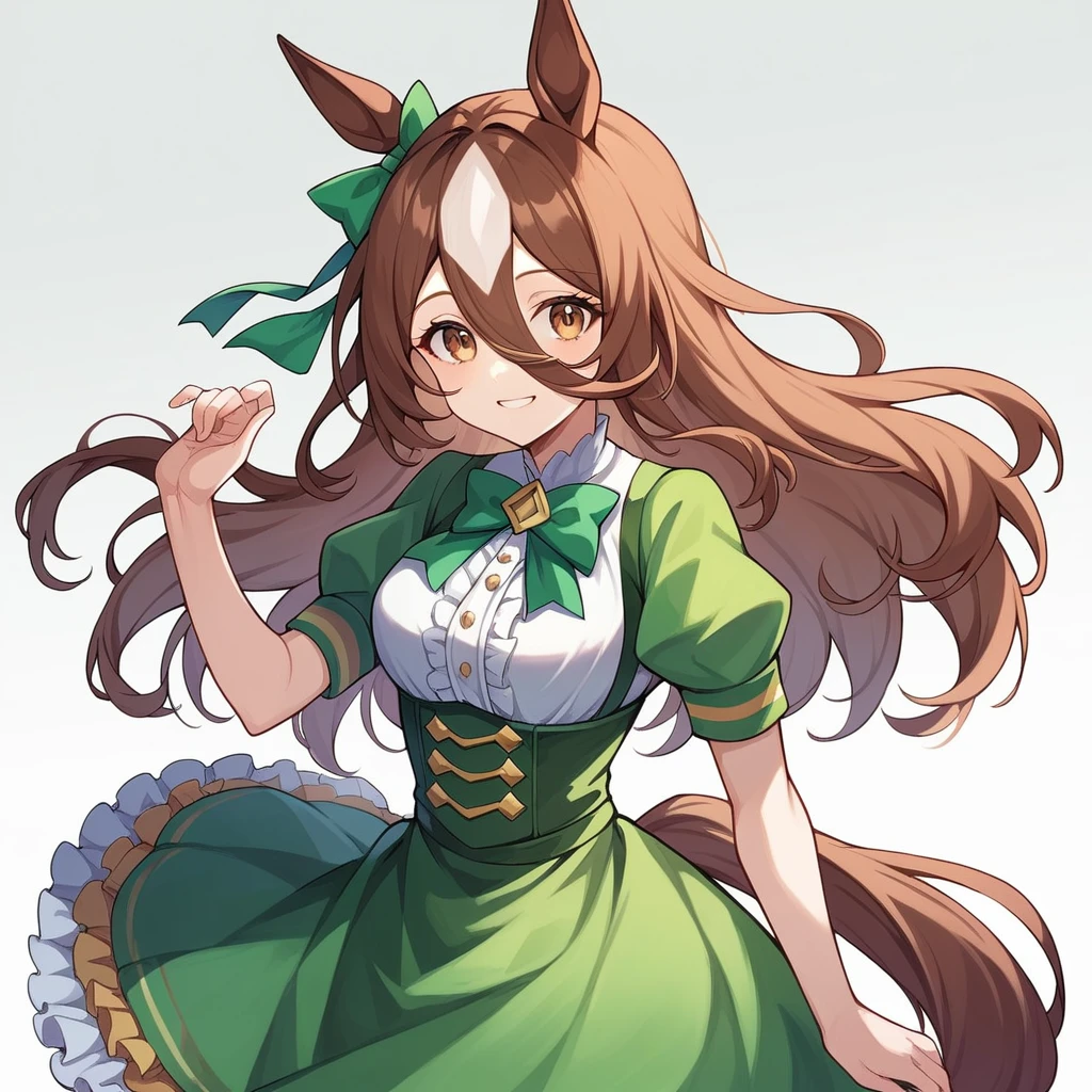1girl, solo, umamusume, horse girl, horse ears, horse tail, brown eyes, brown hair, long hair, light smile, ear bow, frilled skirt, green skirt, high-waist skirt, puffy short sleeves, thin, slender, (japanese:0.8)