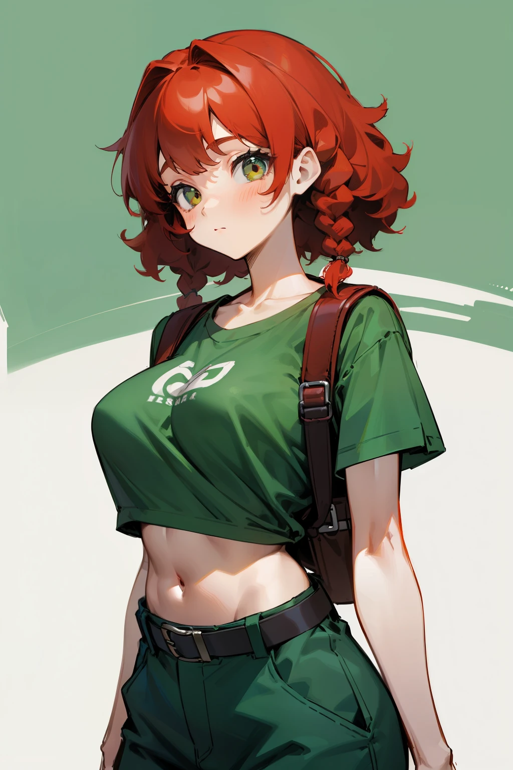 Cute girl, curly red hair with two braids, short-sleeved green T-shirt, blue backpack, baggy brown pants, black belt, big breasts, exposed stomach