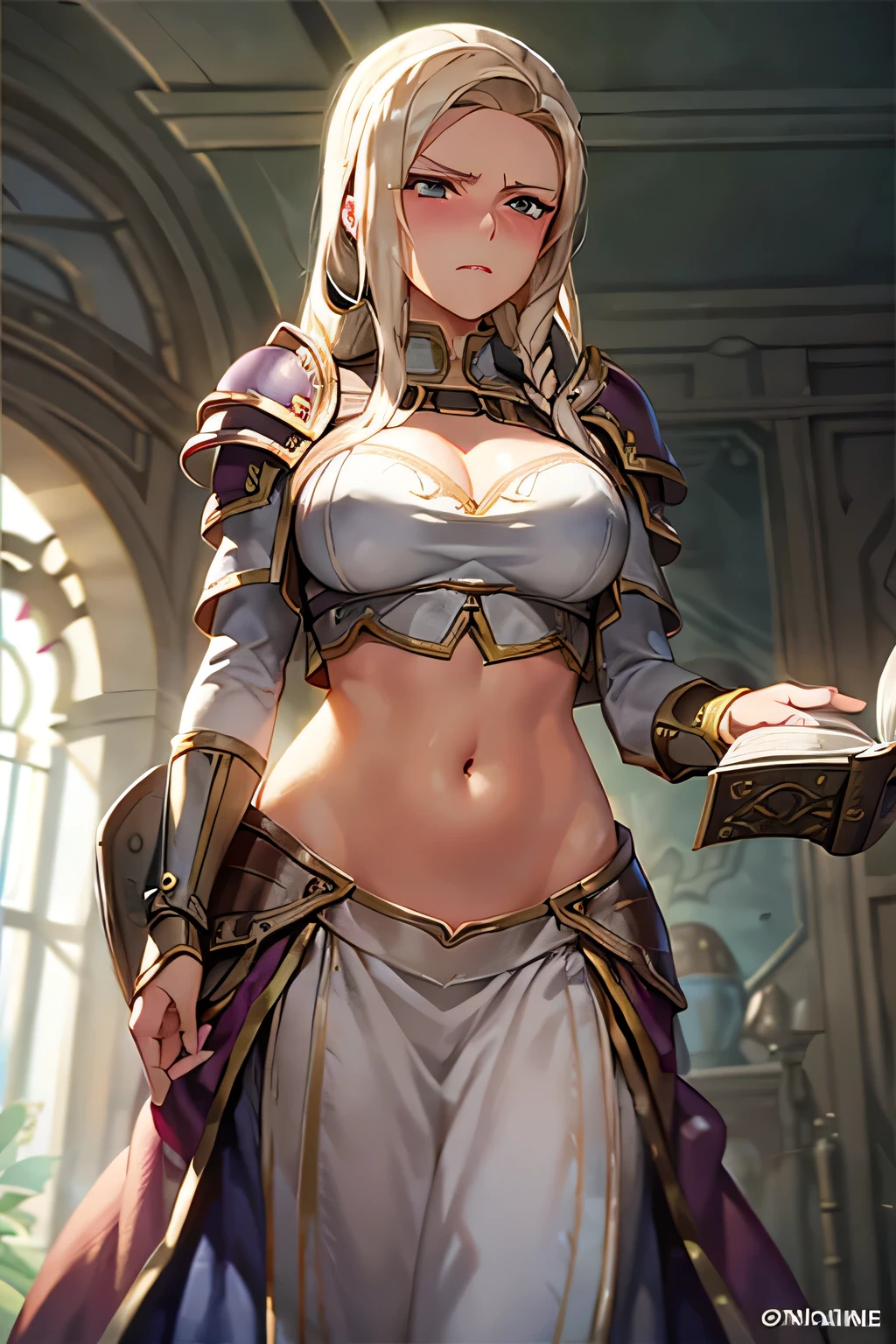 super fine illustration, vibrant colors, masterpiece, sharp focus, best quality, depth of field, ultra detailed, 1girl, solo, blush, annoyed, belly button, navel , midriff, stomach, waist cloth, long sleeves, armor, world of warcraft, jaina proudmoore, looking down, wowjaina, blonde hair , jainaproudmoore, armor, shoulder pad, long skirt, body armor, breastplate, book, v-shaped eyebrows