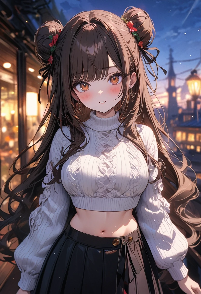 (masterpiece), best quality, very aesthetic, newest, absurdres, detailed, high quality
BREAK
highest quality, top quality, details, highres, ultra fine painting, digital art, official art, splash art, cinematic, 4k, 8k resolution, 8K CG wallpaper, original artwork, detailed background, blue atmosphere, High Dynamic Range, blurry background, blue hour, Starburst effects, crepuscular rays, good ISO, high resolution, wide shot, from far away, RAW photo, POV, sharp focus, light reflection, reflections, intricate details, soft light, particle noise, professional photography, bokeh, depth of field, studio lighting, vibrant colors, detailed lights and shadows, stylish, ultra-detailed, top rated on Pixiv, trending on Artstation, niji style, modern-days, master crafted, pose
BREAK
solo, (close up), from above, 1girl, pale skin, correct fingers, detailed hand, (big toned breasts:1.2), big thighs, small torso, short body, flushtered, blush, anxious expression, embarassed, embarassed act, casual, slim, ((cute, childlike face):1.3), nice body, nice hips, brown hair, (very long flowing hair, 2 buns hairstyle), long bangs, long hair, middle hair bangs, brown eyes
BREAK
(white cropped puffy sweater, tummy skin, belly button, short pleated skirt, casual style, modest) 
BREAK
Indoors apartment background
