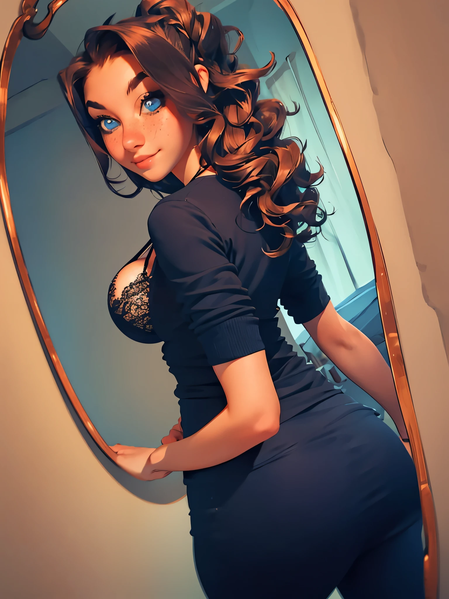 masterpiece, best quality, full body,1girl,the highest image quality, 21-year-old woman, looks like Olivia Dunne, bright red hair, blue eyes, wearing a black ballroom dress in a bedroom, large breasts, taking a selfie