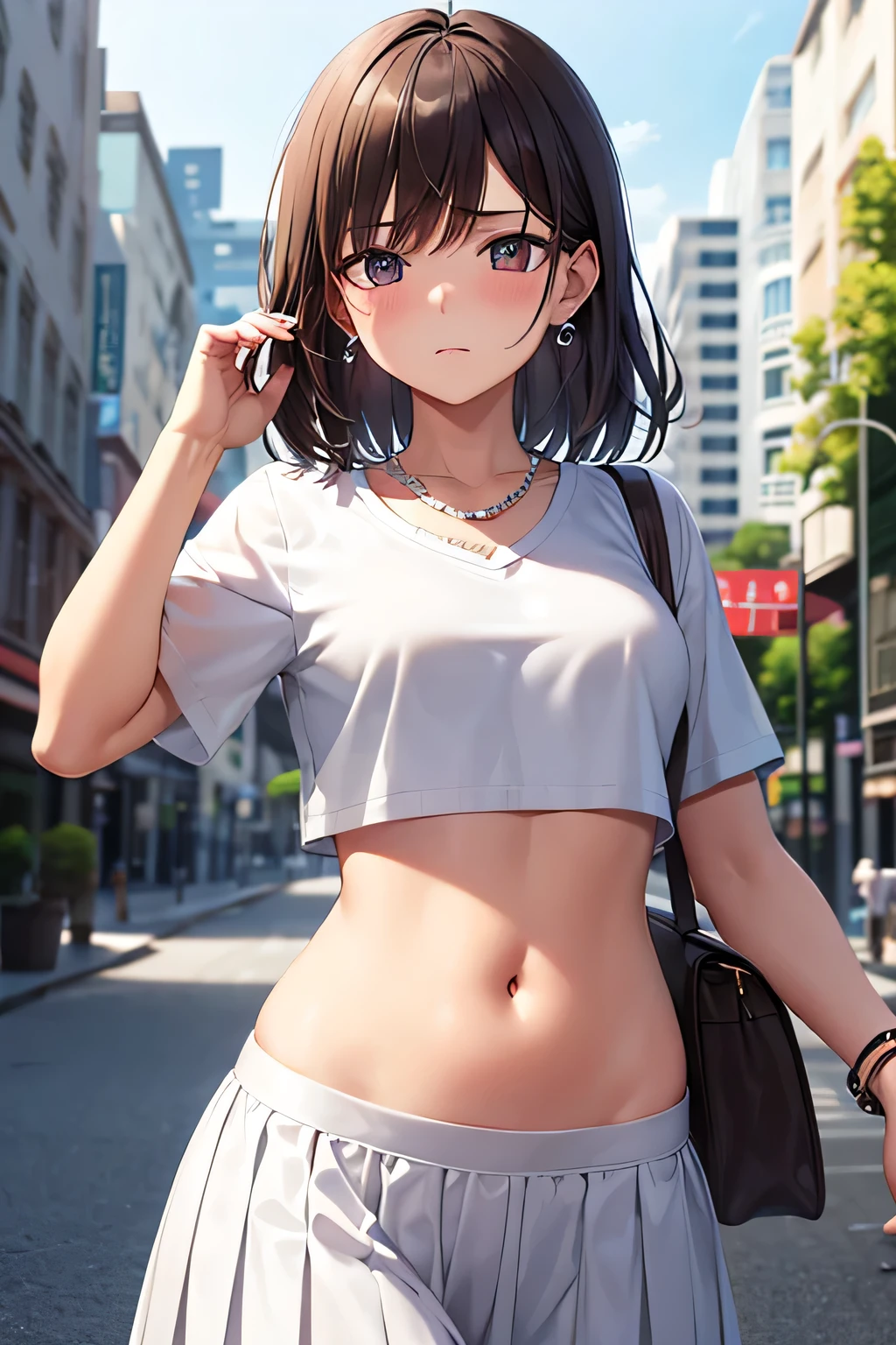 super fine illustration, vibrant colors, masterpiece, sharp focus, best quality, depth of field, cinematic lighting, ultra detailed, crop top, white shirt, short sleeves, white pleated skirt, navel, belly button, tummy, wide hips, 1 girl, solo, milf, very messy hair, slender, blush, annoyed, mature female, tall woman, looking down, small breasts, stomach, purse, street, city, bangle, earring, pearl necklace
