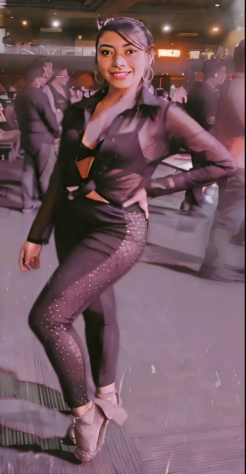 Mexican Girl, wearing a translucent black shirt, tight leggins, translucent details, wearing hight heels, that is standing in a room, as though she is dancing, dancing in the background, grainy low quality, she is dancing. realistic, candid shot, made with photoshop, tight attire, full body close-up shot,