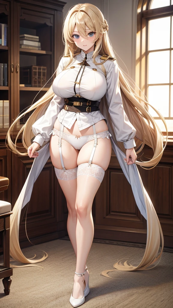 sensual,long blonde hair, thick thighs, 8K, 4K, highest quality, High resolution:1.2), cute anime face, noise reduction, shining blue eyes, gentle smile, Gentle eyes、wearing a headband, naked, toned abdominal muscles, muscular arms, muscular legs, (((exposed nipples))). , young face, anime chic eyes, In a church, white bodysuit, white rubber suit,white thong, Lock,O-ring,See-through,veil,elbow bag,Mistress,collar,cuffs ,thigh strap,thigh boots, Harness、全身Harness、garter belt、(((emphasize the buttocks、she turns around and shows me her ass)))、SFW Giant