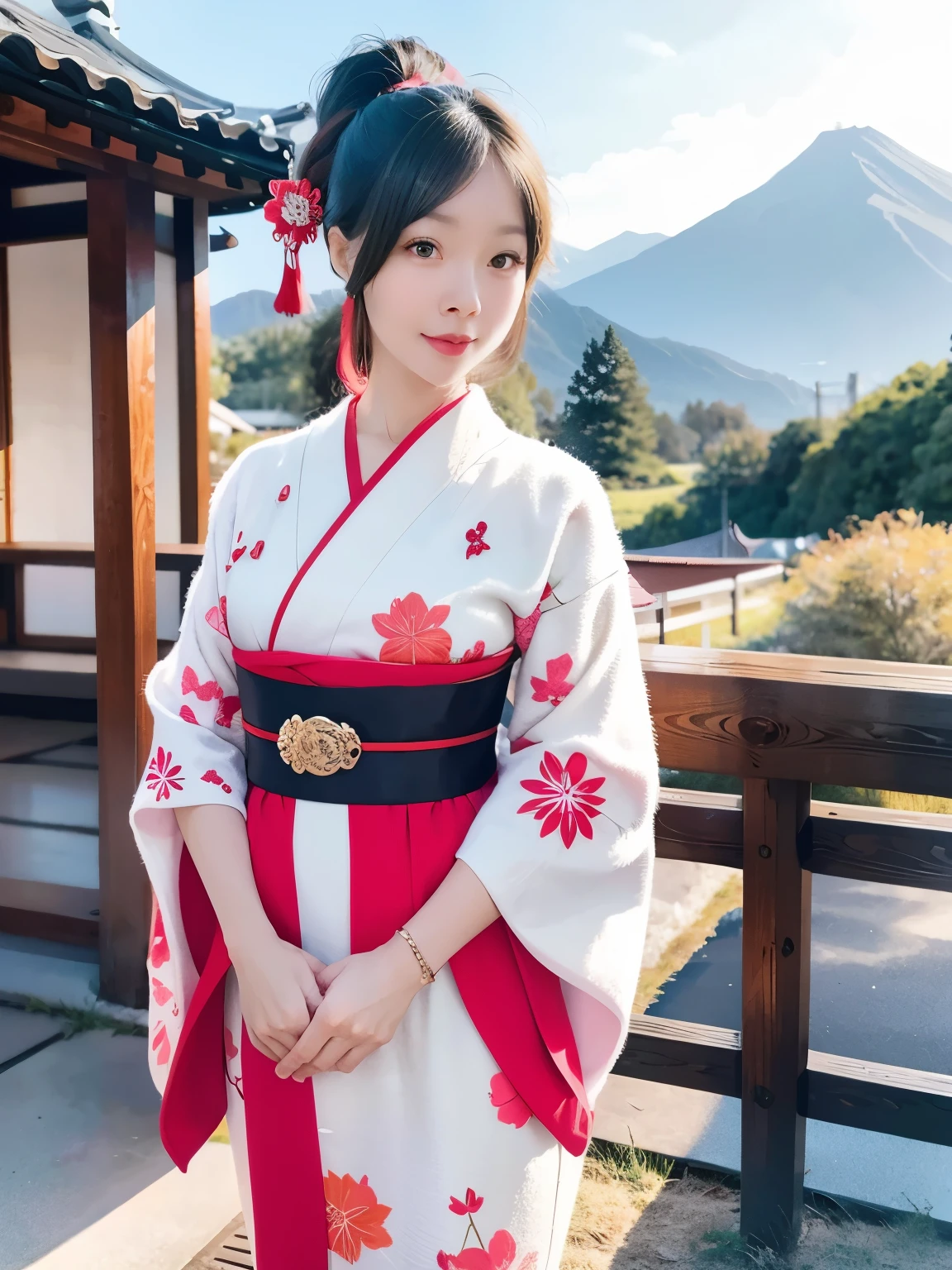 A beautiful, elegant adult Japanese woman with shiny black hair in a ponytail, wearing a colorful and intricate floral kimono, standing in a serene morning landscape with the sun rising over the mountains in Kyoto, Japan, her arms outstretched, with a blurred background, 16K wallpaper quality, best quality, photorealistic portrait