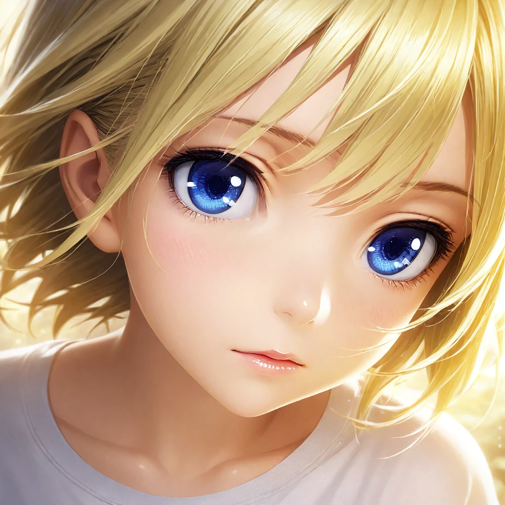 portrait, Practical, blue eyes, Blonde hair, Mid-chest, 4K resolution, High quality CG, Beautiful CG, Soft Light, Octane Rendering, white t-shirt, close shot, direct gaze