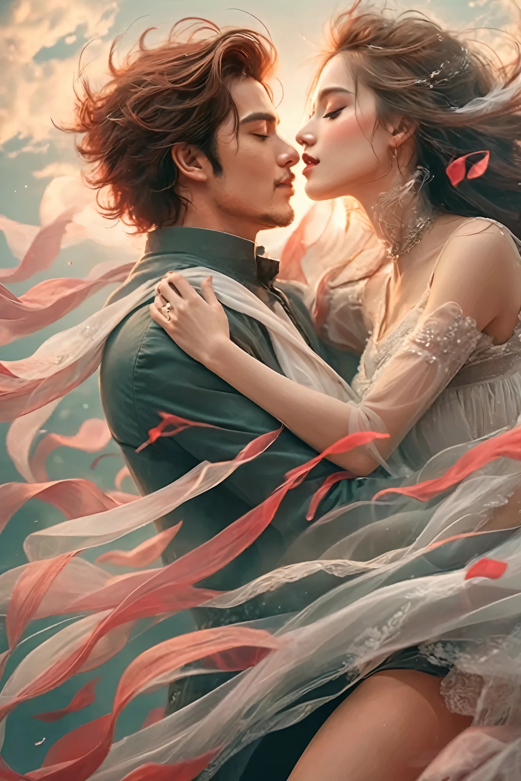 Create images in digital art style. The image must contain a scene of a man and a woman dancing.. The background uses intense red and white colors to create a dynamic and romantic atmosphere.... The men are wearing dark colored shirts, the woman is wearing a white dress. (,black hair)Two people are gently hugging each other., The movement of the dress blowing in the wind is expressed.... Give the overall feeling of the image a romantic and emotional atmosphere....