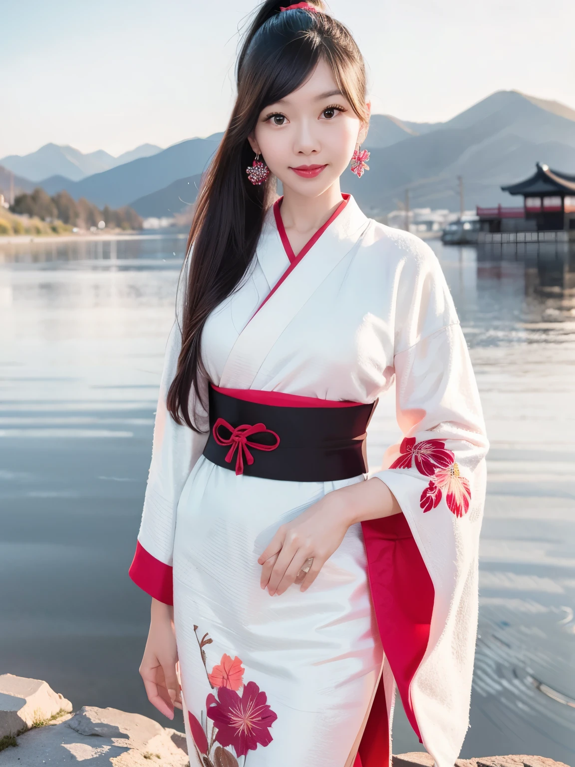 A beautiful, elegant adult Japanese woman with shiny black hair in a ponytail, wearing a colorful and intricate floral kimono, standing in a serene morning landscape with the sun rising over the mountains in Kyoto, Japan, her arms outstretched, with a blurred background, 16K wallpaper quality, best quality, photorealistic portrait