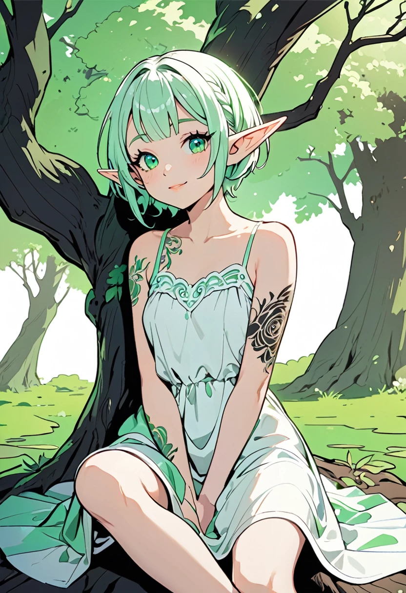 line art, iridescent white light effect, 2.5D, delicate and dynamic, pure palegreen world, cute white elf girl, captivating smile, forehead, white very short messy pixie cut, loose dress, thin flat body line, covered in tattoos, sitting, leaning against a large palegreen tree, background palegreen, cartoon-style images, shading, contrast magic effects, palegreen eyes