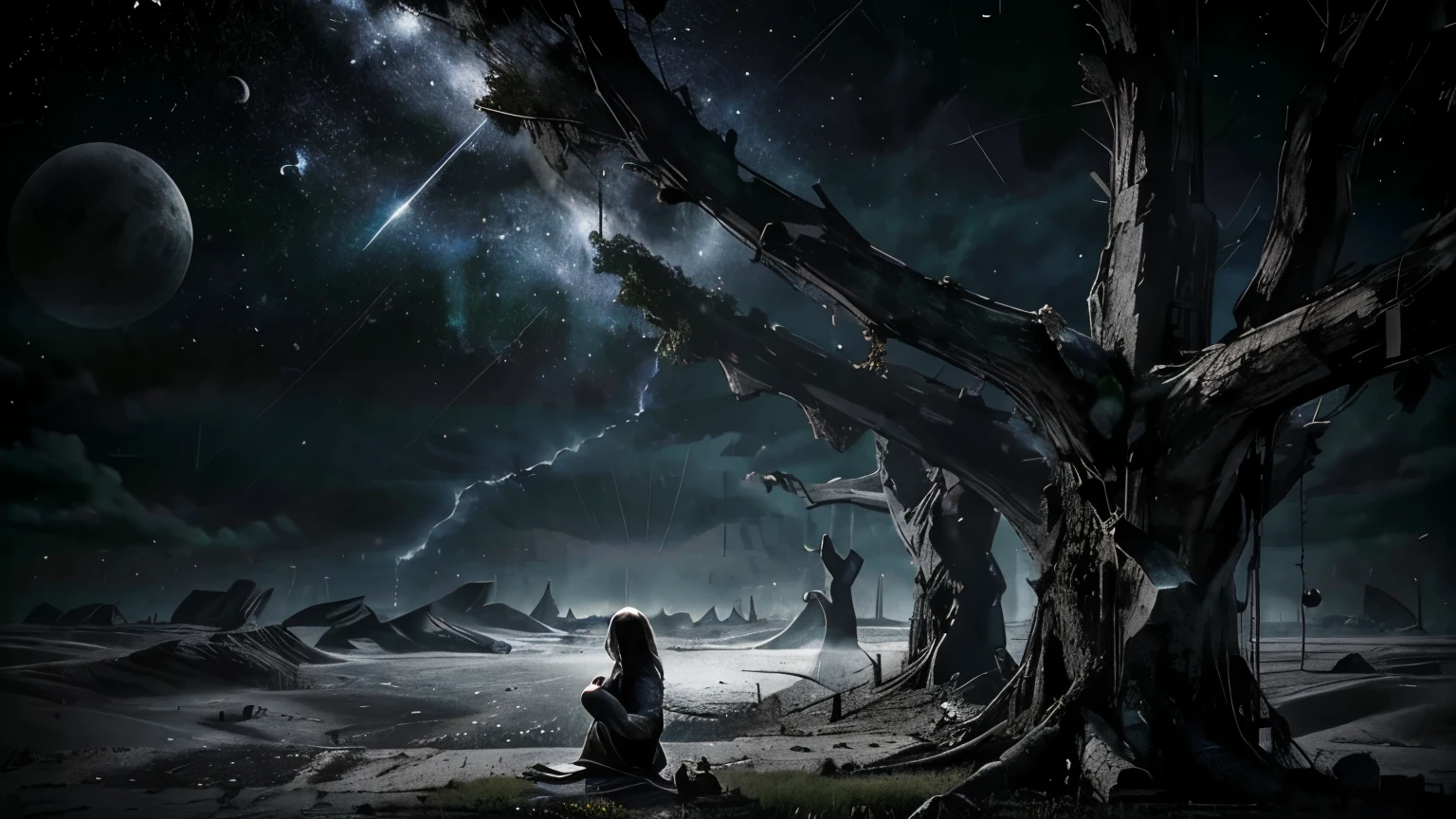 1girl Sitting back against a tree of tears This loneliness is what I fear I'm looking silently at the night sky The stars don't shine anymore Since you have passed away Life on a battlefields, death and decay Is it the dream For freedom and liberty A farewell my love, tell me how long? This tragic destiny tears me apart Never realized it could break my my heart. Last night, I dreamt of you by my side You're still waiting for me on the other side I know that one day , we'll be together again I guess it's goodbye until then goodbye my love