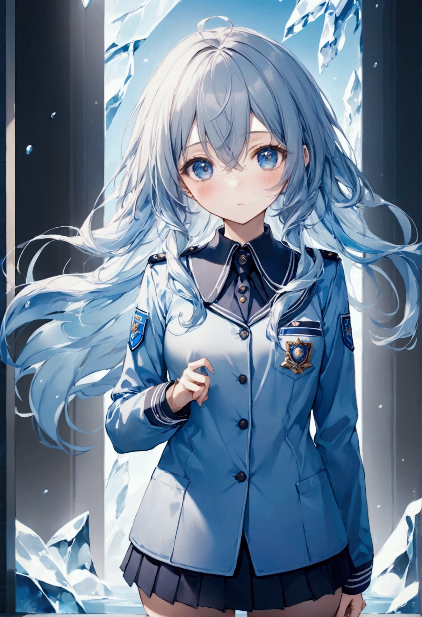 Eyes:icy blue.Hair:long icy blue. Body Type:slim and small. Clothes:uniform. 8k, best quality, high resolution. 