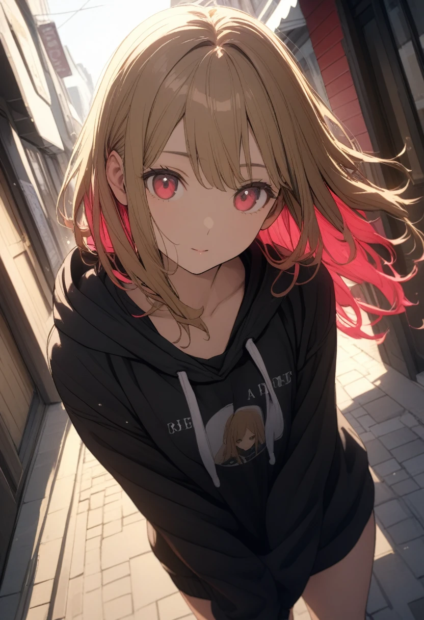 , (Large hoodie、Chopin)、(Golden hair color,Red pink inner color hairstyle), (beautiful smooth hair), Facial Contour, Remember, Shopping Street, sunlight、splash, Lens flare,, Natural Color, High resolution, Very delicate, Very detailed, 8k,(My breasts are just a little swollen,About B cup)、Shyness,((Sexual))、Top view angle