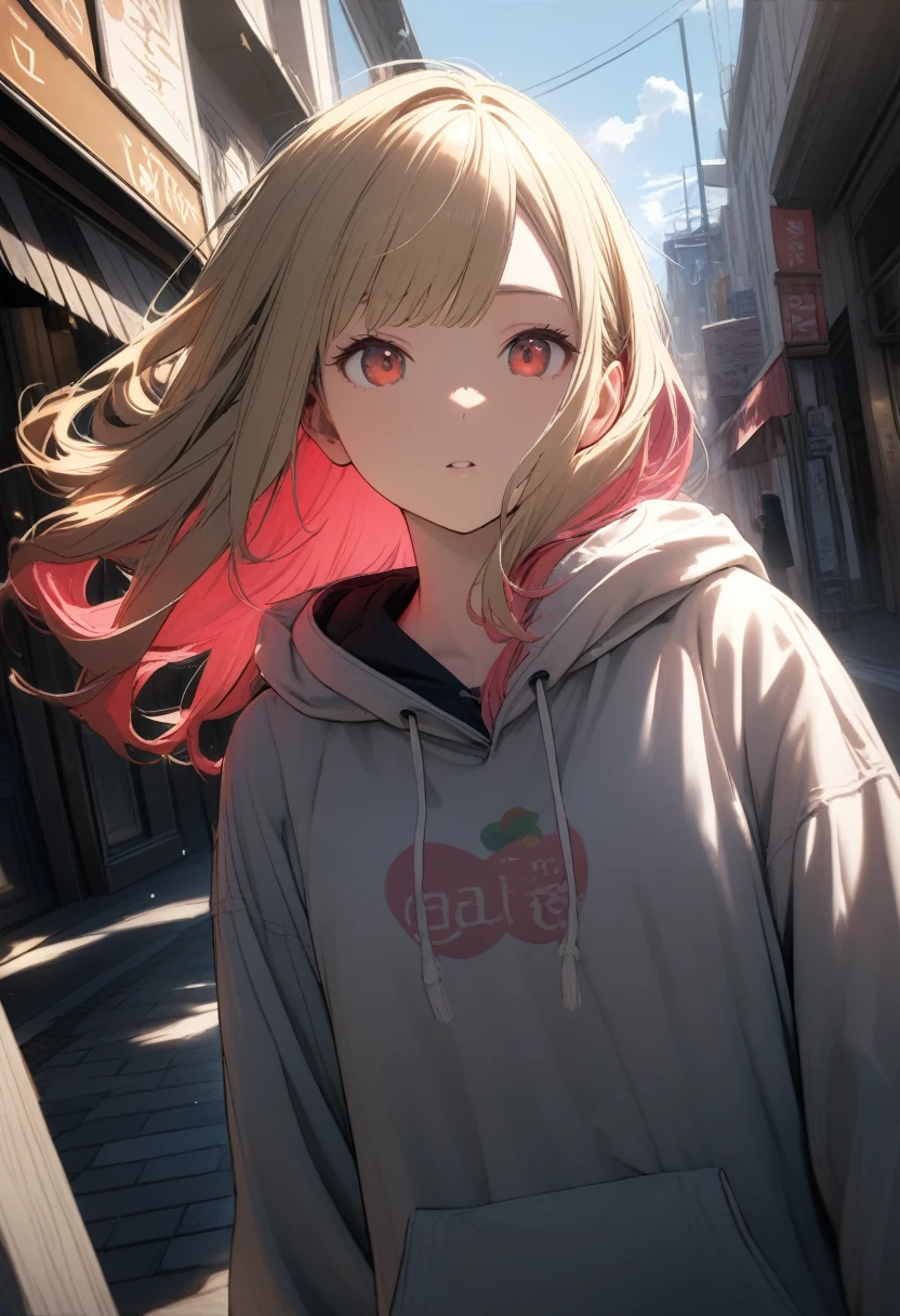 -yeld gi (Large hoodie、Chopin)、(Golden hair color,Red pink inner color hairstyle), (beautiful smooth hair), Facial Contour, Remember, Shopping Street, sunlight、splash, Lens flare,, Natural Color, High resolution, Very delicate, Very detailed, 8k,(My breasts are just a little swollen,About B cup)、Shyness,((Sexual))、Top view angle