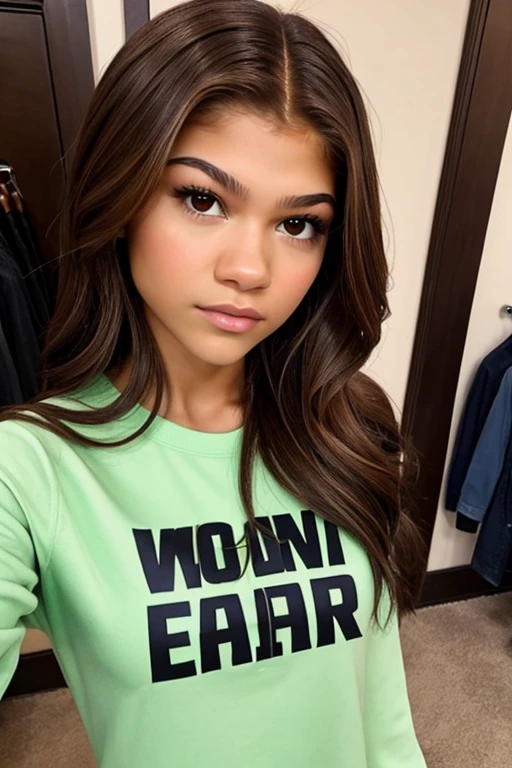 Girl, beautiful, teenager, brown hair, brown eyes, walking clothes, with the face of actress Zendaya, selfie