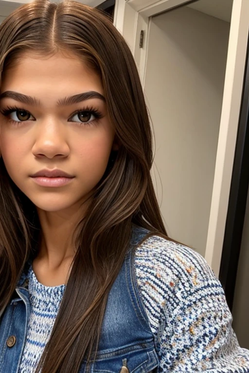 Girl, beautiful, teenager, brown hair, brown eyes, walking clothes, with the face of actress Zendaya, selfie