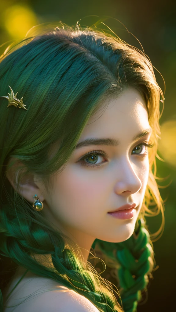 portrait,Detail view, girl,detailed and beautiful eyes,beautiful detailed lips,highly detailed eyes and face,long eyelashes,Moderate:oil,fantasy setting,dragon,small dragon,flying dragon,mysterious forest,rich green,enchanting atmosphere,(highest quality,4k,High resolution,masterpiece:1.2),Super detailed,realistic:1.37,Bright colors,warm tones,soft lighting