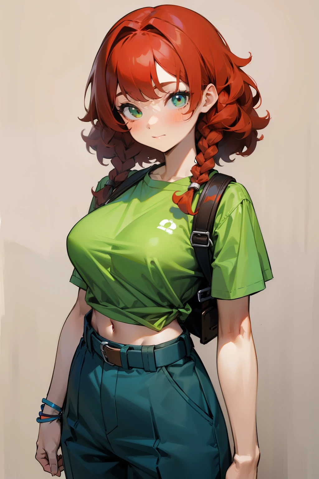 Cute girl, curly red hair with two braids, short-sleeved green T-shirt, blue backpack, baggy brown pants, black belt, big breasts, exposed stomach