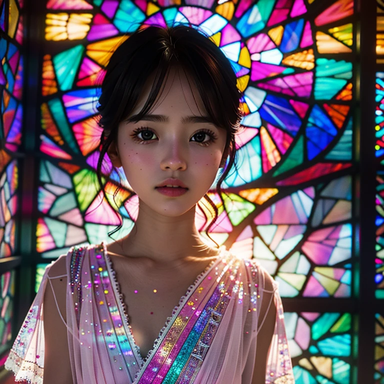 SFW 14yo, concept art, (PICHIPICHI KAWAII junior idol), (Detailed Delicate lace knitted white clothes), (nipple:-0.9), (Elaborate stained glass Background:1.37), (((Renbutsu Misako), colorful Light shines through delicate stained glass:1.2, vivid red colors, Luminous Particles, light Particles))(Acutance:0.8). (ProfessionalPhoto:1.2),(ultra-detailed:1.37), (Extremely detailed KAWAII face variations, innocent expression variations), rosy cheeks, intricate detailed eyes with sparkling highlights, long eyelashes with volume, subtle blush on the face. Mystic sight, haze, Impeccable Radiant PearlSkin with Transparency, captivating gaze, ((Dynamic-angle)), whole Body proportions and all limbs are anatomically accurate . (Exposed:0.64) (from Polar View Point)