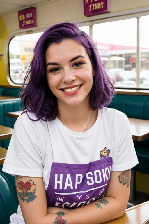 street photography photo of a young woman with purple hair, smile, happy, cute t-shirt, tattoos on her arms, sitting in a 50s diner