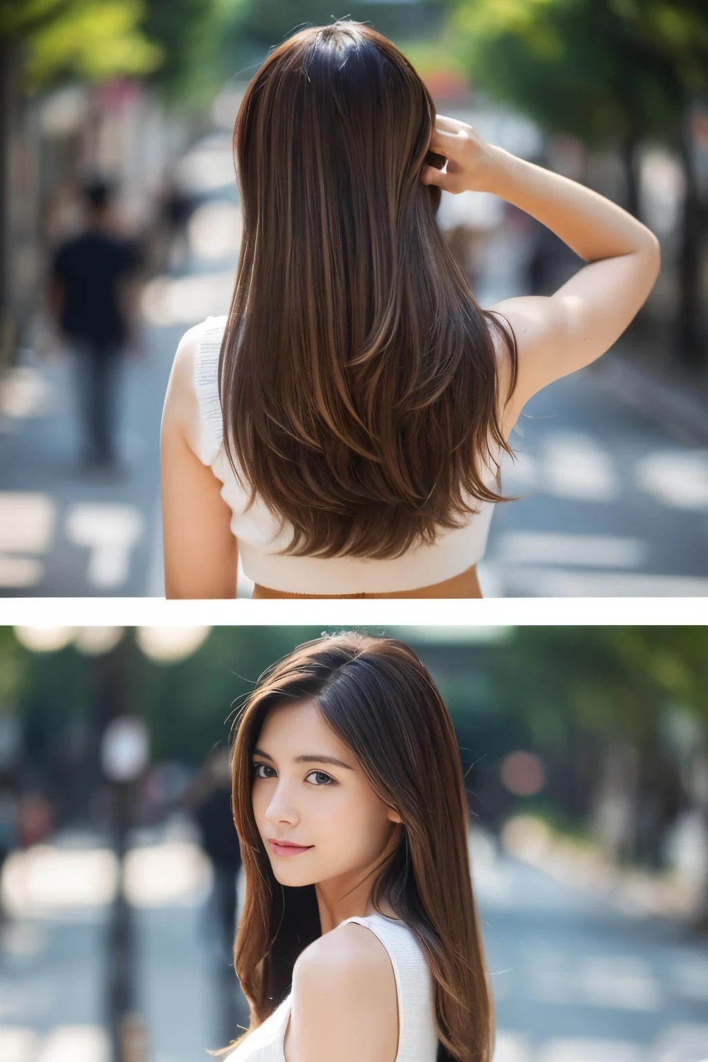((top-quality、in 8K、masterpiece:1.3))、sharp focus:1.2、Beautiful woman perfect body:1.4、Slim abs:1.2、((Rob Heyer、straight haired:1.2))、(Gray knitwear、denim:1.1)、(Sateen、a street:1.2)、wetbody:1.5、Three-dimensional texture、A detailed eye、Brown hair、Very shiny hair、posterior view、Hair quality improvement