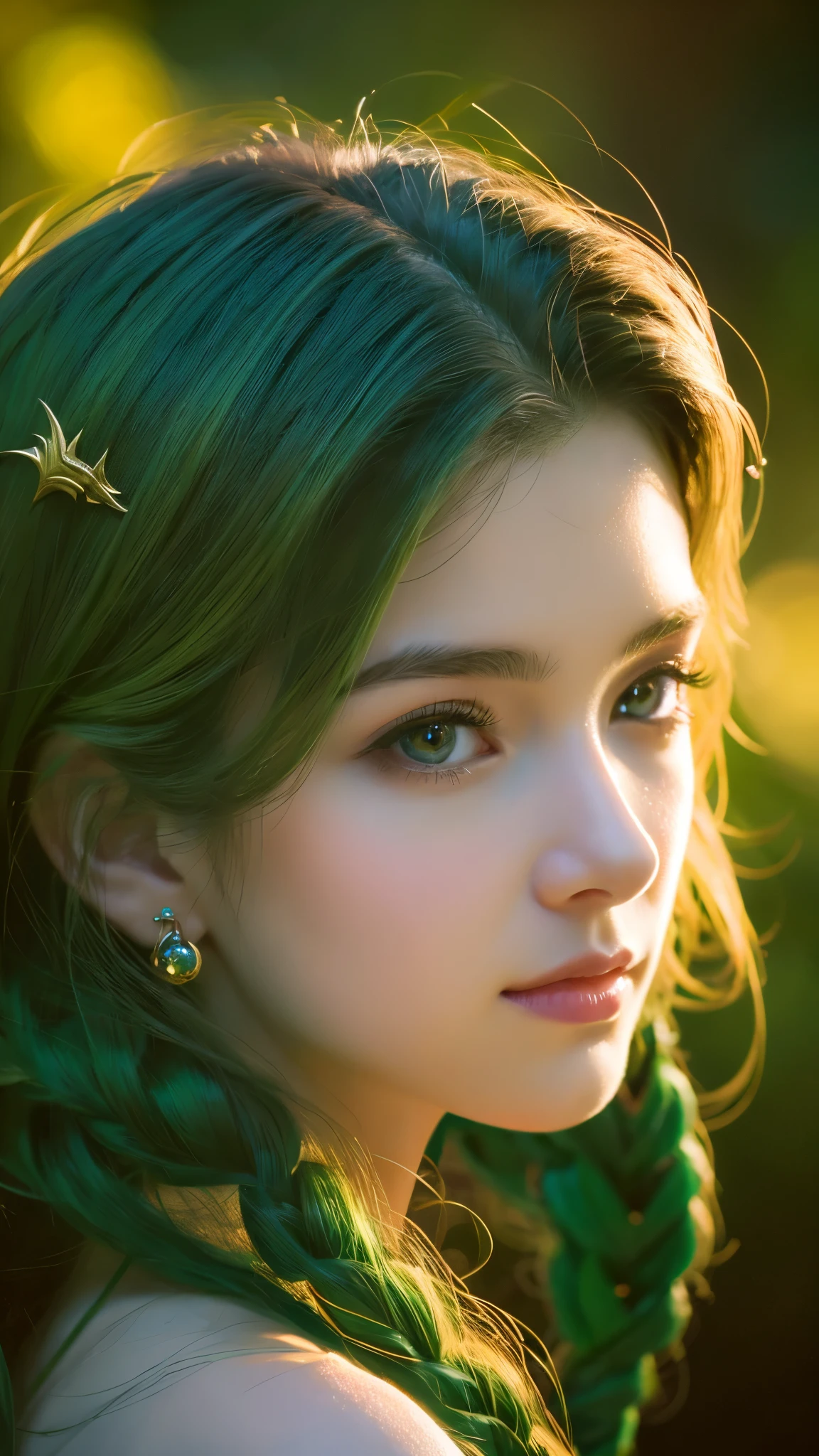 portrait,Detail view, girl,detailed and beautiful eyes,beautiful detailed lips,highly detailed eyes and face,long eyelashes,Moderate:oil,fantasy setting,dragon,small dragon,flying dragon,mysterious forest,rich green,enchanting atmosphere,(highest quality,4k,High resolution,masterpiece:1.2),Super detailed,realistic:1.37,Bright colors,warm tones,soft lighting