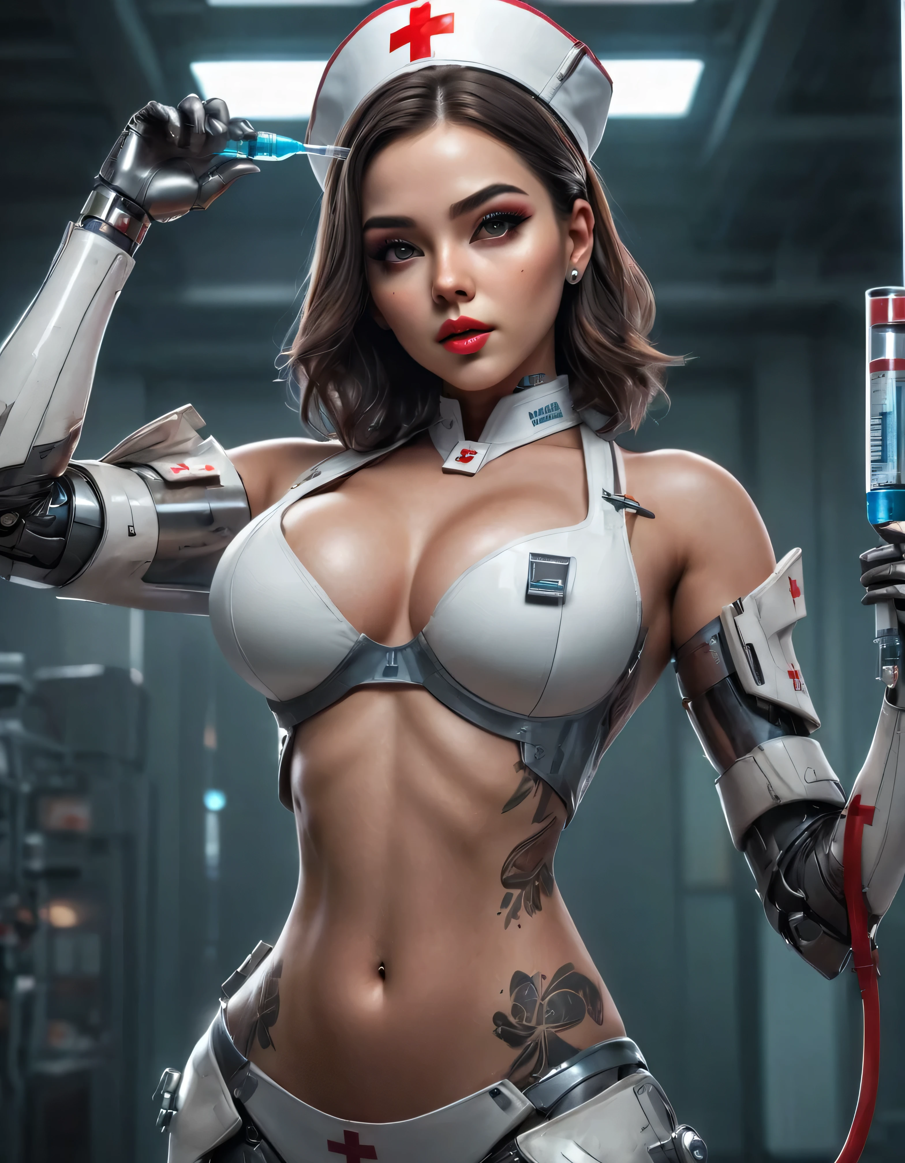 Cyberpunk Hospital, Highly sophisticated beautiful female cyborg nurse standing in a hospital filled with cutting edge technology, (holding a large syringe_with her hands raised above her head exposing her armpits: 1.7), ((exposing nurse uniform, nurse cap and red cross symbol: 1.7)), intricate mechanical parts, glowing cybernetic enhancements, flawless skin, delicate facial features, beautifully detailed eyes, sharp nose, full, beautifully detailed lips, long eyelashes, highly detailed eyes and face, muscular, perfect and ideal proportions, large, tight waist, big butt, seductive look, six pack, belly button, tattoos, shadowless light, moody Dynamic atmosphere, Dramatic lighting, Cinematic composition, Vivid colors, Intricate futuristic armor, Graceful poses, Piercing gaze, (Highest quality, 4k, 8k, High resolution, Masterpiece: 1.2), Ultra detailed, (Realistic, Photorealistic, Photorealistic: 1.37), Complex machinery, Advanced technology, Dynamic action, Dramatic shadows, Cinematic angles, Intense facial expressions, Dramatic lighting, Neon highlights, Intricate patterns, Futuristic settings, Ultra detailed faces, Cinematic composition, Dynamic poses, Intense atmosphere, Rich colors, Advanced weaponry, Cyberpunk, Sci-fi, Digital art, Mecha,