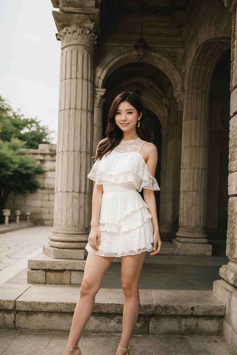 Familiar,Sharp lines,Highest quality, masterpiece、ancient ruins、Dark Light、Canon Photo Crystal Clear ,（Realistically:1.2）, (Casual Micro Mini Skirt Dress)、Action pose、Take a full body photo、Lazy Smile、Attractive person、Medium Layered Hair