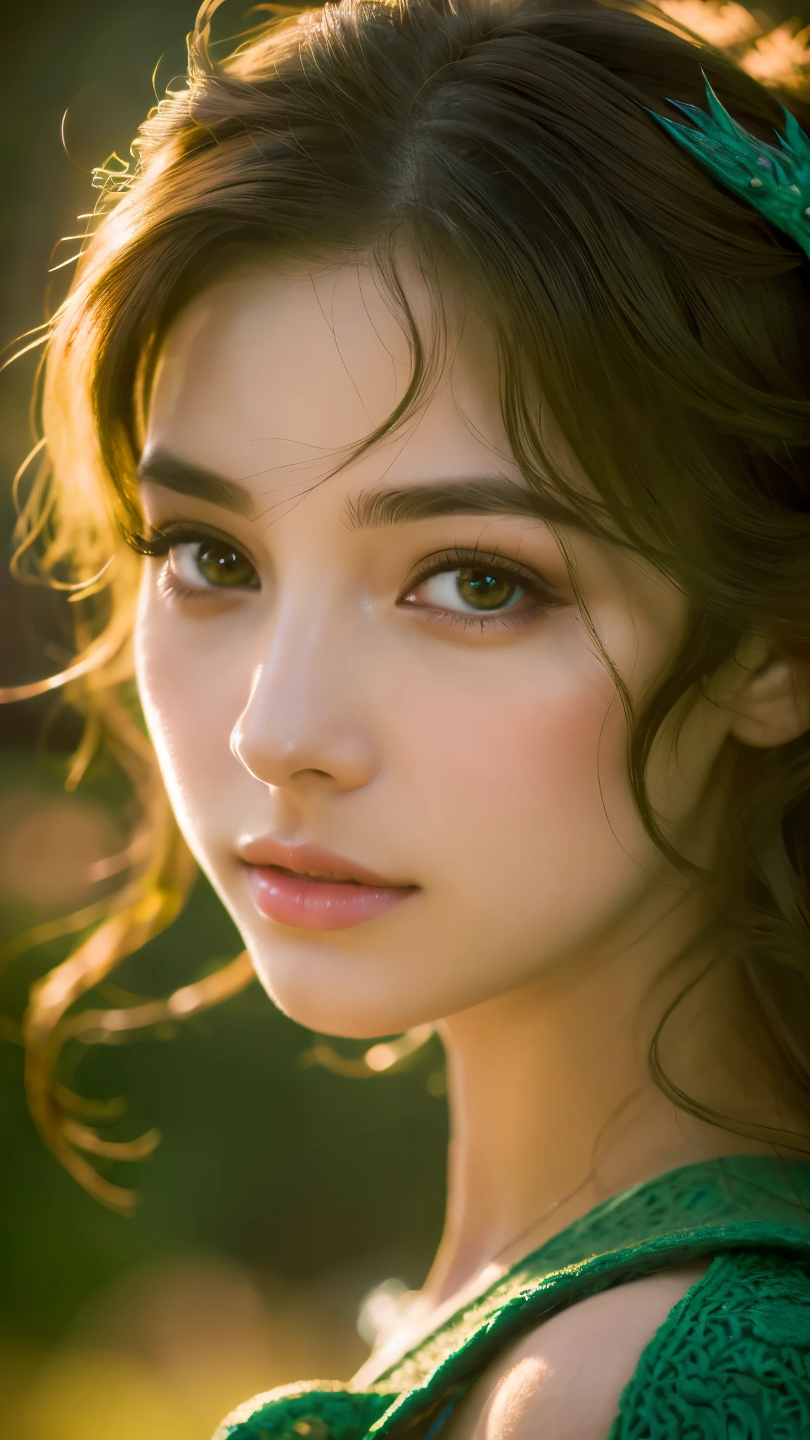 portrait,Detail view,17 year old girl,detailed and beautiful eyes,beautiful detailed lips,highly detailed eyes and face,long eyelashes,Moderate:oil,fantasy setting,dragon,small dragon,flying dragon,mysterious forest,rich green,enchanting atmosphere,(highest quality,4k,High resolution,masterpiece:1.2),Super detailed,realistic:1.37,Bright colors,warm tones,soft lighting