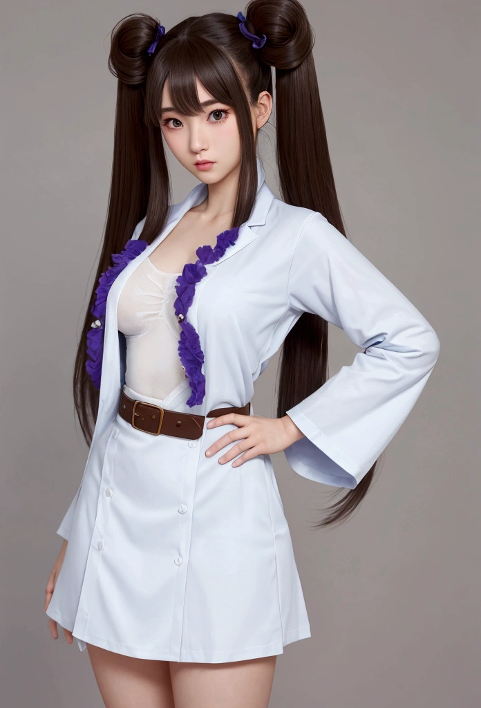 of the highest quality、of the highest quality、16k quality、very detailed figure、Very detailed face、very detailed eyes、very detailed nose、Highly detailed facial expressions、Very detailed costume、Highly detailed hourglass shape、very detailed feetvery detailed、actually being、16 year old girl、light blue fur、twin tails、Noel Silva、hero、、Wearing a long white chemist.'a lab coat that reaches to his feet、You can see the shape of the chest.、E cup、wearing a brown belt、The purple inner lining is visible.、folds、Very Short Purple Skirt、A long white skirt on top.、Only the front is cut、WHITE SOCKS、Close to the skin、tight、Full body photo、They are standing、Highlights the beauty of the thigh muscles.、Full body photo、Front view、