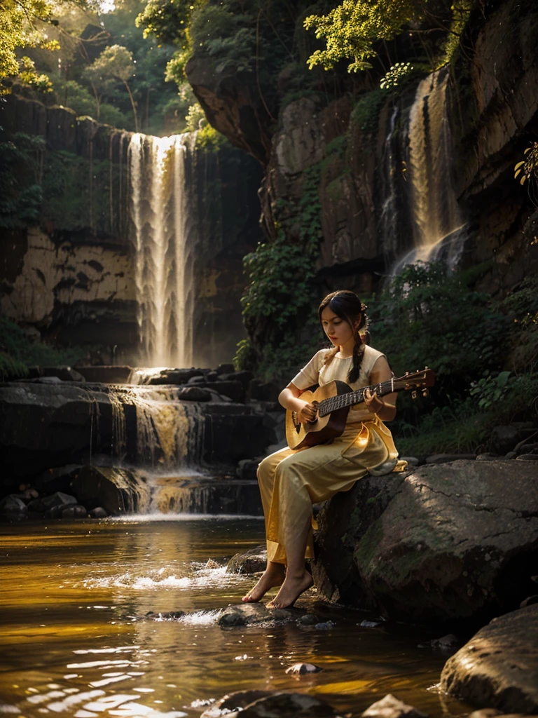 A beautiful woman dressed in traditional Thai attire from classical literature, playing a guitar on a rock by a waterfall. The scene is illuminated by the soft, golden sunlight, creating a serene and enchanting atmosphere.