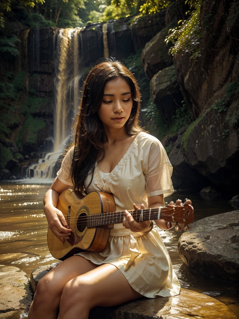 A beautiful woman dressed in traditional Thai attire from classical literature, playing a guitar on a rock by a waterfall. The scene is illuminated by the soft, golden sunlight, creating a serene and enchanting atmosphere.