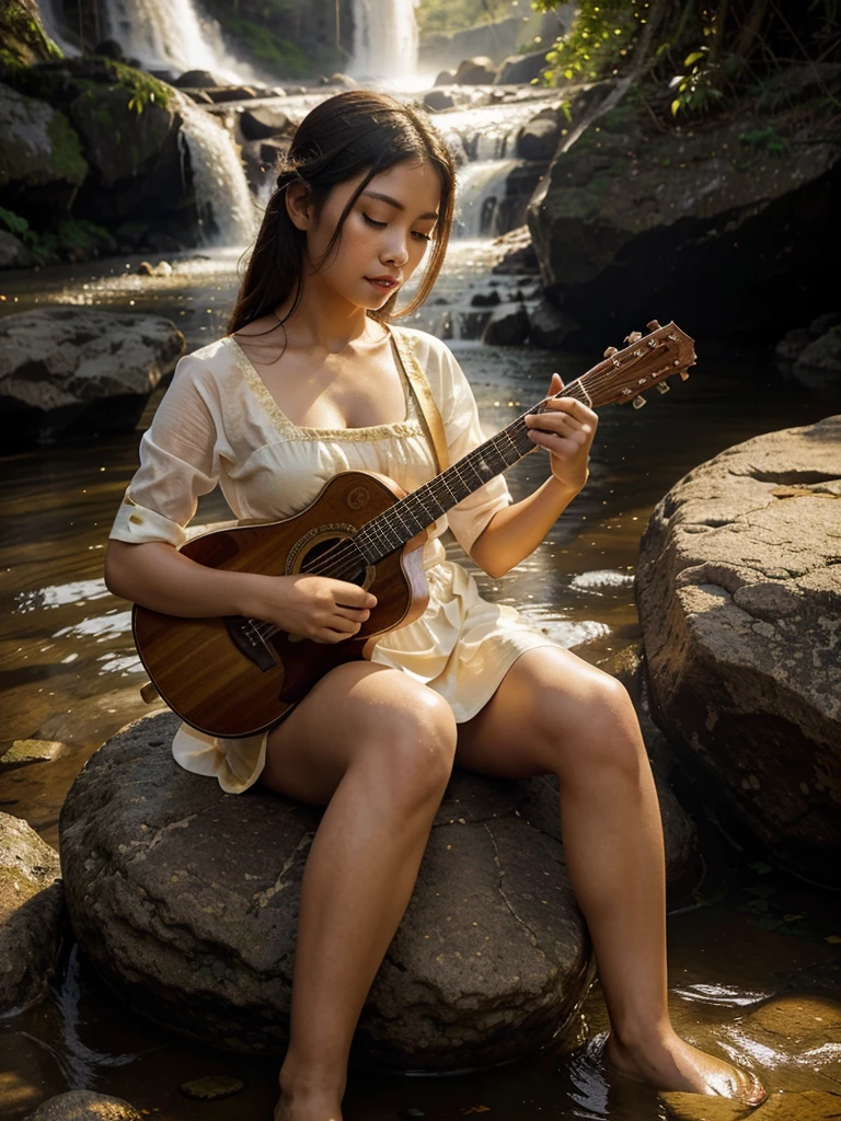 A beautiful woman dressed in traditional Thai attire from classical literature, playing a guitar on a rock by a waterfall. The scene is illuminated by the soft, golden sunlight, creating a serene and enchanting atmosphere.