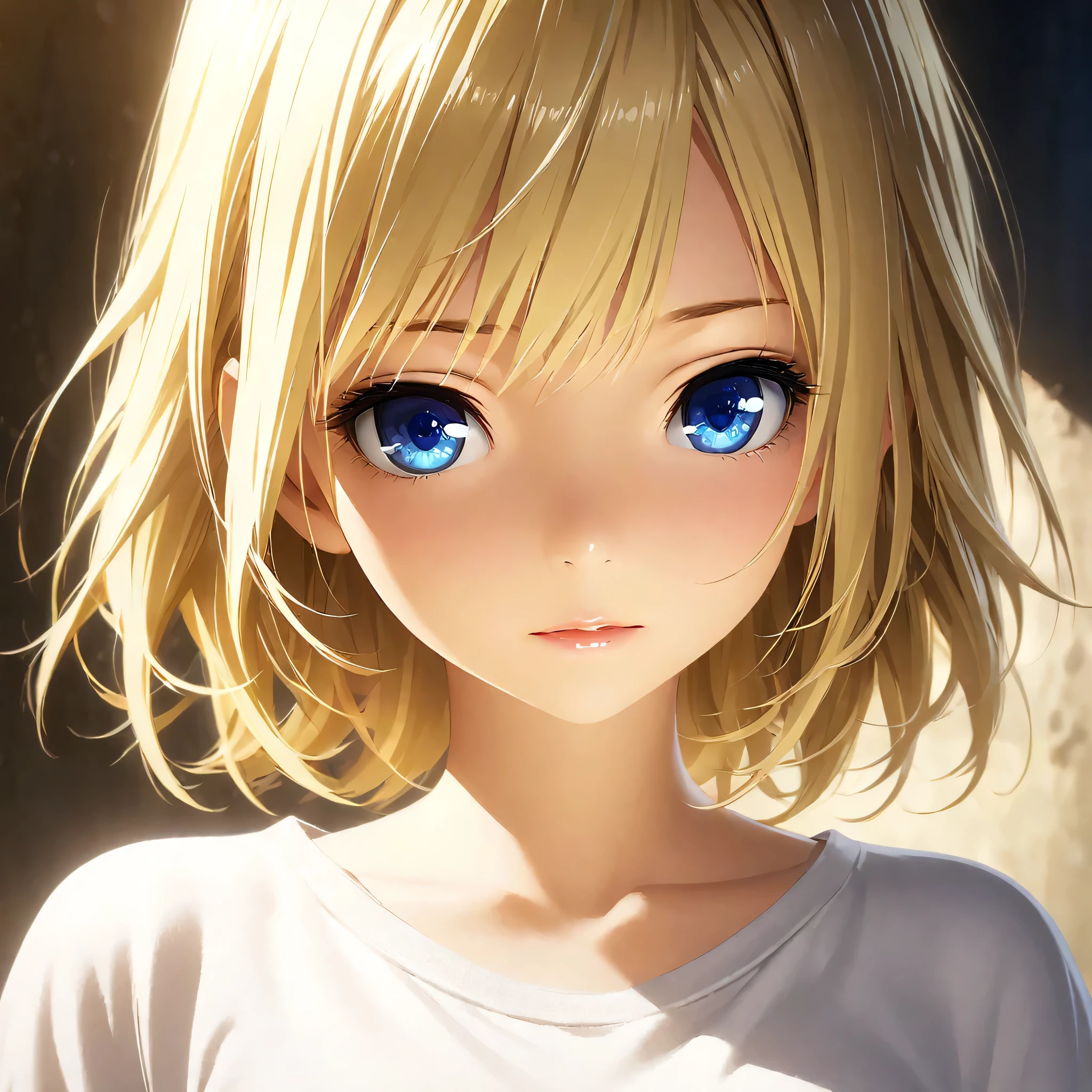 portrait, Practical, blue eyes, Blonde hair, Mid-chest, 4K resolution, High quality CG, Beautiful CG, Soft Light, Octane Rendering, white t-shirt, close shot