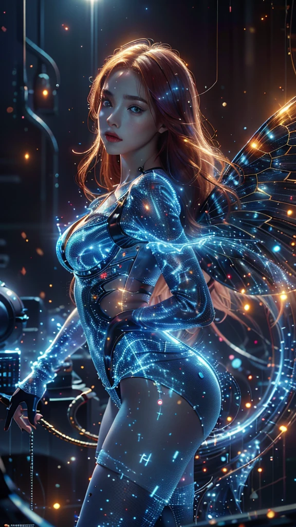 Ultra-Realistic Capture,18k,RAW Photos,Highest quality,masterpiece,reality,Very detailed,live-action,Very beautiful woman,Detailed face,Glowing Skin,Rainbow, Blue eyes, Automata,cyber punk,18-year-old ,Model body type,slim,So many LEDs,Clothes made of light particles,Rainbow Skin,Electronic devices embedded in the body,Very detailed electronic equipment, butterfly wings on her back,A bunch of glowing wires,Very long red hair,Large Breasts,Acrobatic poses,(Middle finger),neon,Long legs,Angry expression,