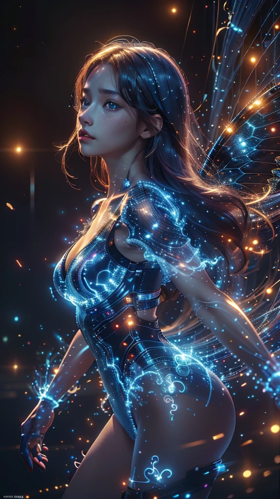 Ultra-Realistic Capture,18k,RAW Photos,Highest quality,masterpiece,reality,Very detailed,live-action,Very beautiful woman,Detailed face,Glowing Skin,Rainbow, Blue eyes, Automata,cyber punk,18-year-old ,Model body type,slim,So many LEDs,Clothes made of light particles,Rainbow Skin,Electronic devices embedded in the body,Very detailed electronic equipment, butterfly wings on her back,A bunch of glowing wires,Very long red hair,Large Breasts,Acrobatic poses,(Middle finger),neon,Long legs,Angry expression,