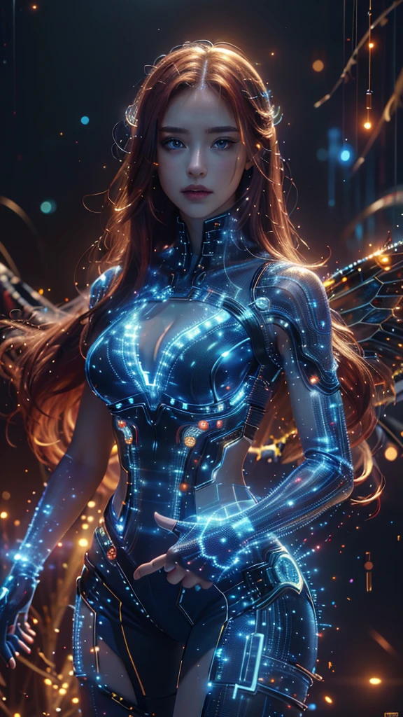 Ultra-Realistic Capture,18k,RAW Photos,Highest quality,masterpiece,reality,Very detailed,live-action,Very beautiful woman,Detailed face,Glowing Skin,Rainbow, Blue eyes, Automata,cyber punk,18-year-old ,Model body type,slim,So many LEDs,Clothes made of light particles,Rainbow Skin,Electronic devices embedded in the body,Very detailed electronic equipment, butterfly wings on her back,A bunch of glowing wires,Very long red hair,Large Breasts,Acrobatic poses,(Middle finger),neon,Long legs,Angry expression,