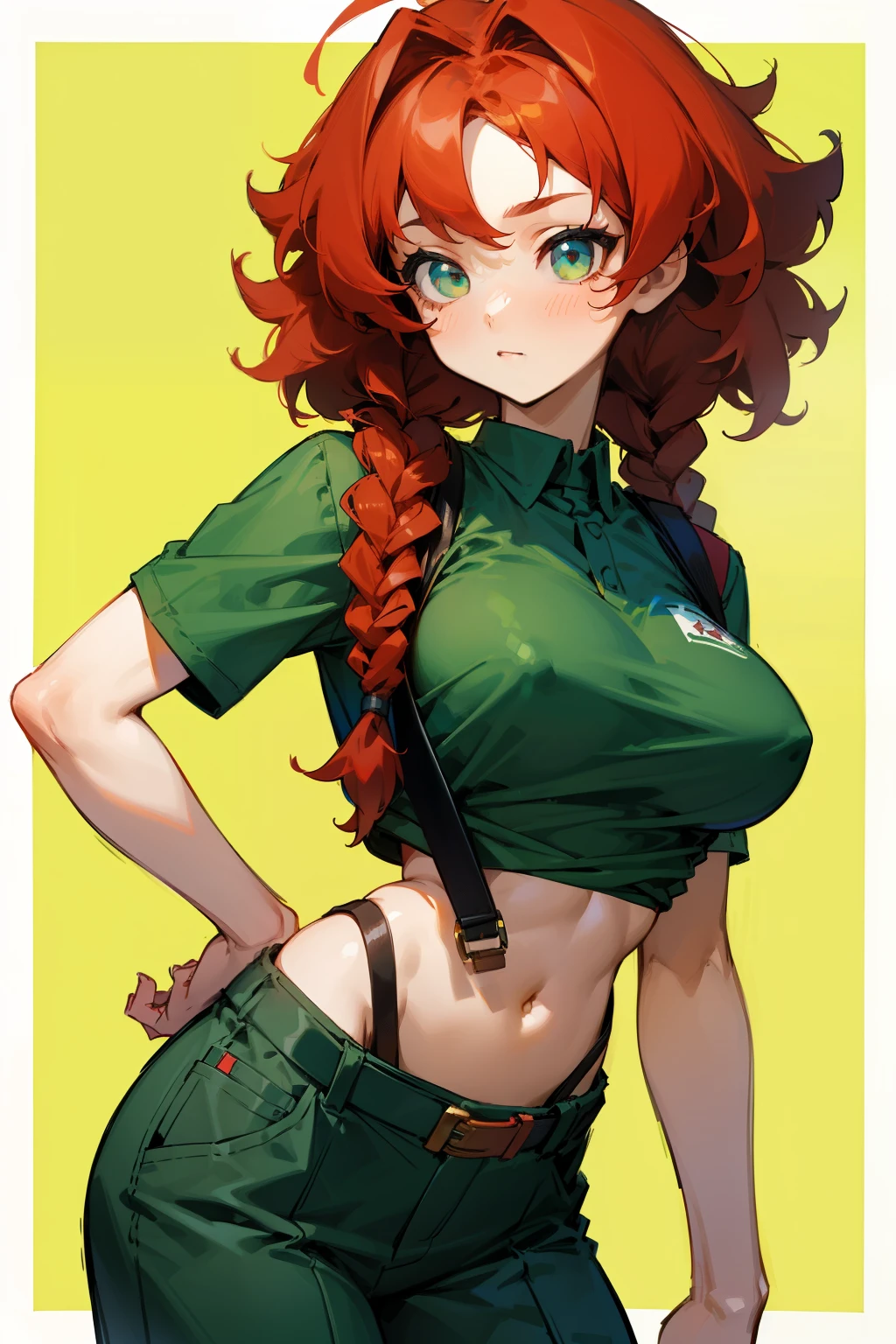 Cute girl, curly red hair with two braids, short-sleeved green T-shirt, blue backpack, baggy brown pants, black belt, big breasts, exposed stomach