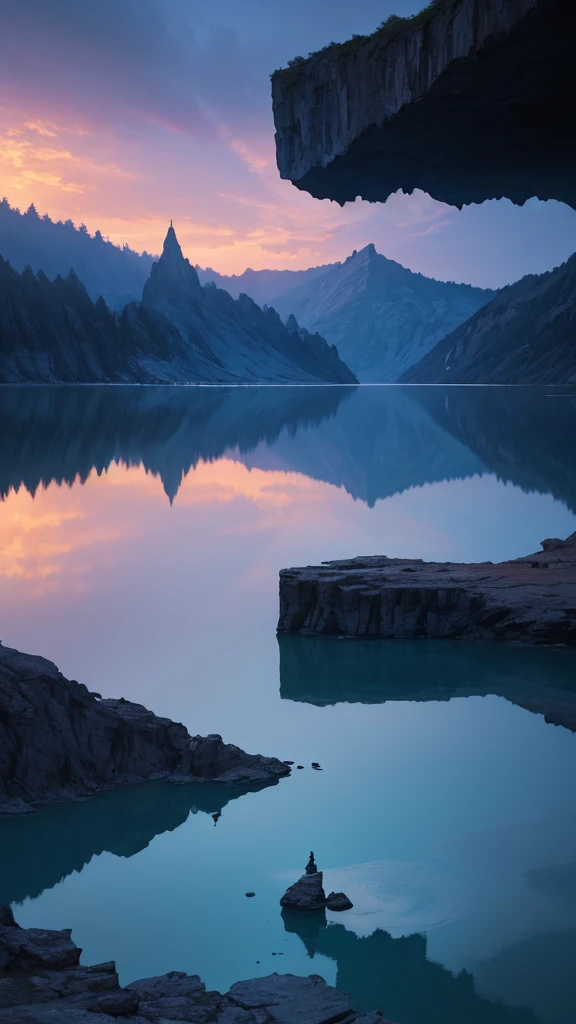 Photographs that capture the essence of a magical dream world. An epic cliff，Hanging over a beautiful lake, Surreal and vivid colors illuminate its reflection. The atmosphere is otherworldly, The soft night light casts a flowing shadow. The image creates a sense of depth and mystery, It&#39;s as if the audience is taken into another dimension., Create beautiful and memorable work. Shot with Canon EosIII Zeiss 120mm wide angle lens