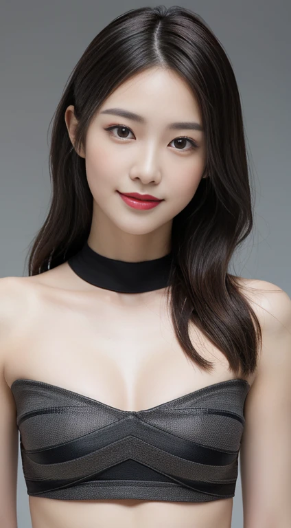 ((Realistic lighting, Highest quality, 8k, masterpiece: 1.3)), Clear focus: 1.2, 1 girl, Perfect Body Beauty: 1.4, Slim Abs: 1.1, ((Dark brown hair, Big Breasts: 1.3)), (Finished with black tape,Only black or dark tapes,is covering the body of a nude model, Bust top and under.: 1.4), (Simple gray background: 1.1),Black Tape Art, whole body, Long legs, Simple gray background, Highly detailed face, Beautiful Eyes, double eyelid,Beautiful smile