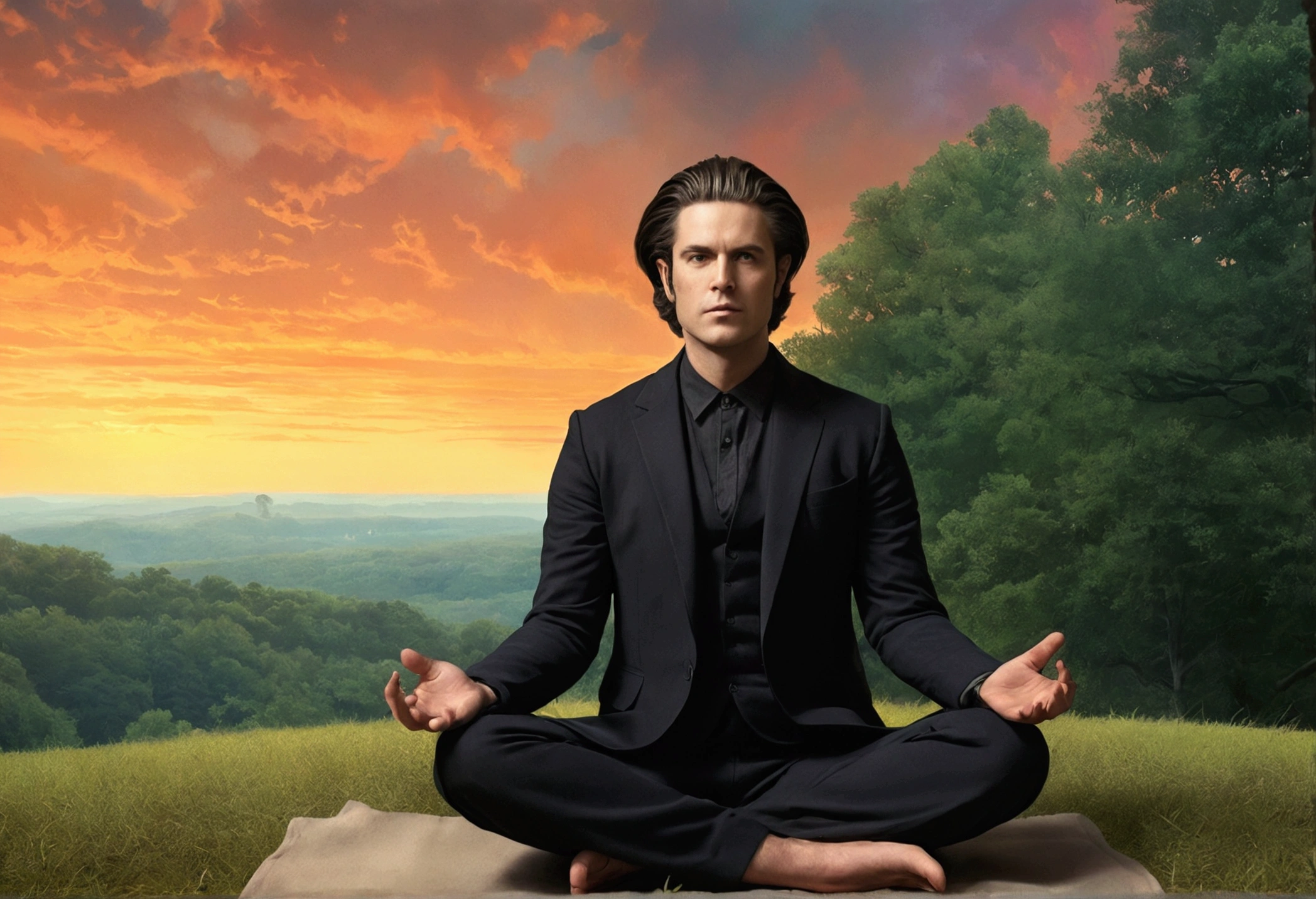 30 years old, mature man, meditating, sitting cross legged, in front of a beautiful skyline with a forest and grassland background, related to gods, portrait photo, directed by Drew Tucker, directed by Adam Marsinski, directed by Alexander Kuchaski, directed by Gavin Nolan, 8K Surrealism, directed by Jason Felix, Yuri Shevidov, and Tom Bagshaw, illustrated by Estillo Eric Johnson