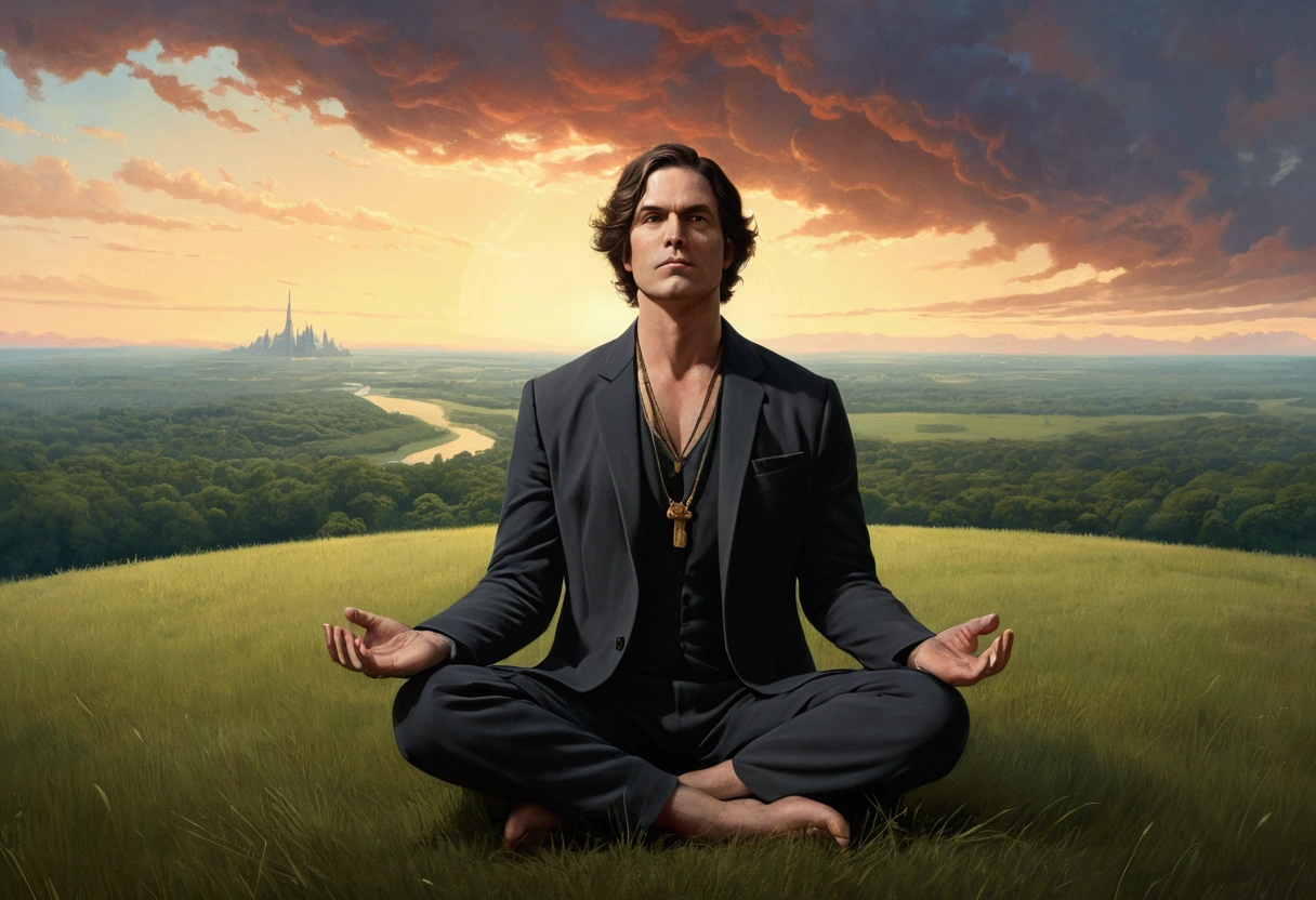30 years old, mature man, meditating, sitting cross legged, in front of a beautiful skyline with a forest and grassland background, related to gods, portrait photo, directed by Drew Tucker, directed by Adam Marsinski, directed by Alexander Kuchaski, directed by Gavin Nolan, 8K Surrealism, directed by Jason Felix, Yuri Shevidov, and Tom Bagshaw, illustrated by Estillo Eric Johnson