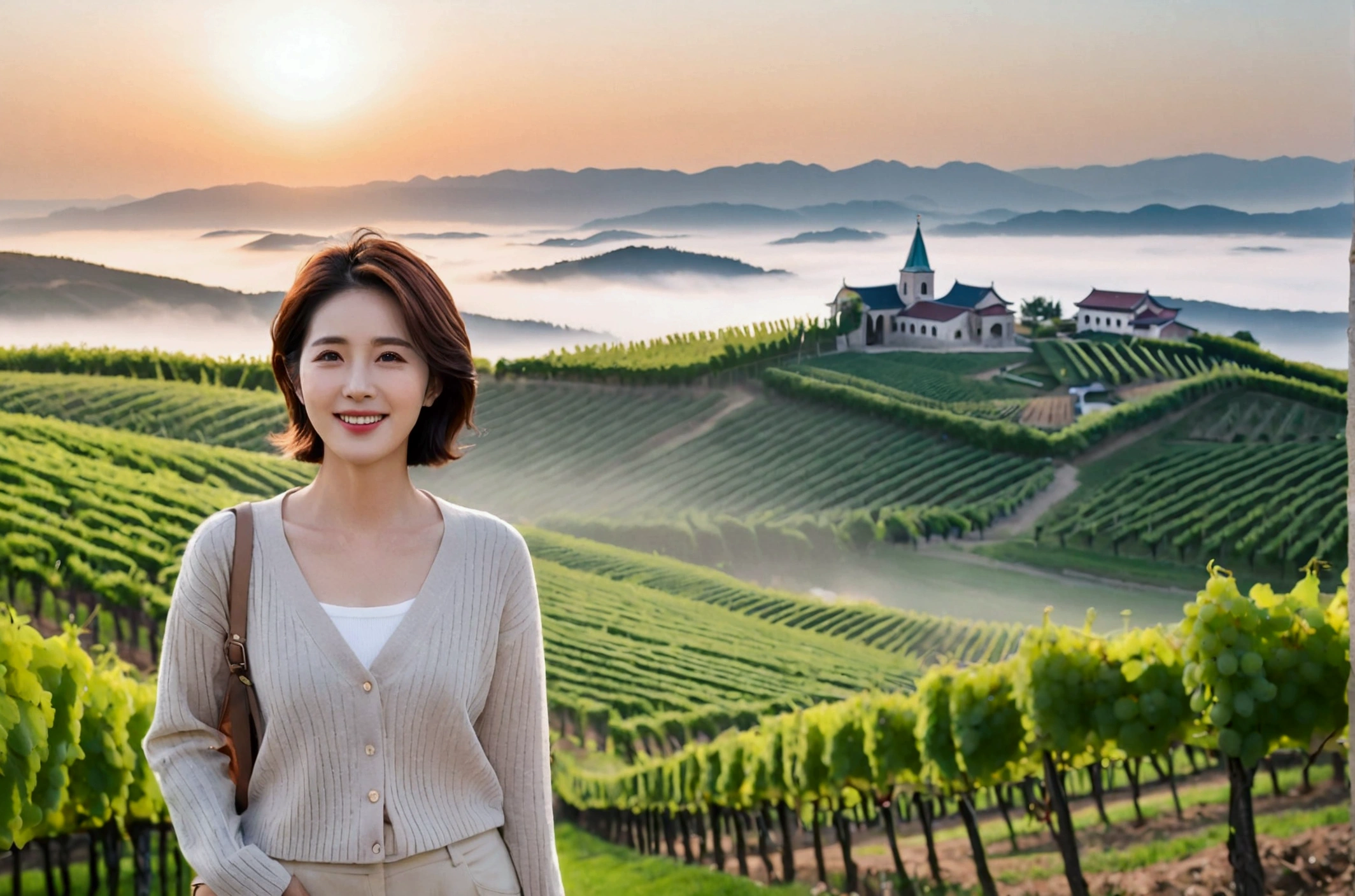 high quality, In 8K, 32K, Photo of a beautiful 36-year-old Korean woman, short medium hair, Inspired by Son Ye-jin, whole body, face focus, Shirt that goes up to the neck and a short cardigan from a luxury brand, beige casual pants, Italian countryside vineyard background, Ranged、make a happy face, 새벽 진한 한개속 The cathedral is visible in the distance, There is thick fog, path, looking up the side, Wear a shirt that covers your chest, The cathedral is visible in the distance, Photo of endless vineyard scenery, look up the side. thick dawn fog, Well-groomed hair, Photo of an elegant and modest woman, Endless vineyards, Vivid picture quality, Clear picture quality, 언덕 위 path, 1 woman, colonnade가 있는 휘어진 path 언덕에서 바라본다. colonnade, The waist area is visible. 휘어진 path에 서있다, colonnade가 있는 어덕길에 서있다, Looking down on the vineyard from the hill, The cathedral is visible in the distance,, 휘어진 path, White shirt and short Myeongmum brand cardigan, three-dimensional shape of grape leaves, wide angle lens shot, Express your fingers carefully, Express your fingers accurately, Put your hands in your pockets