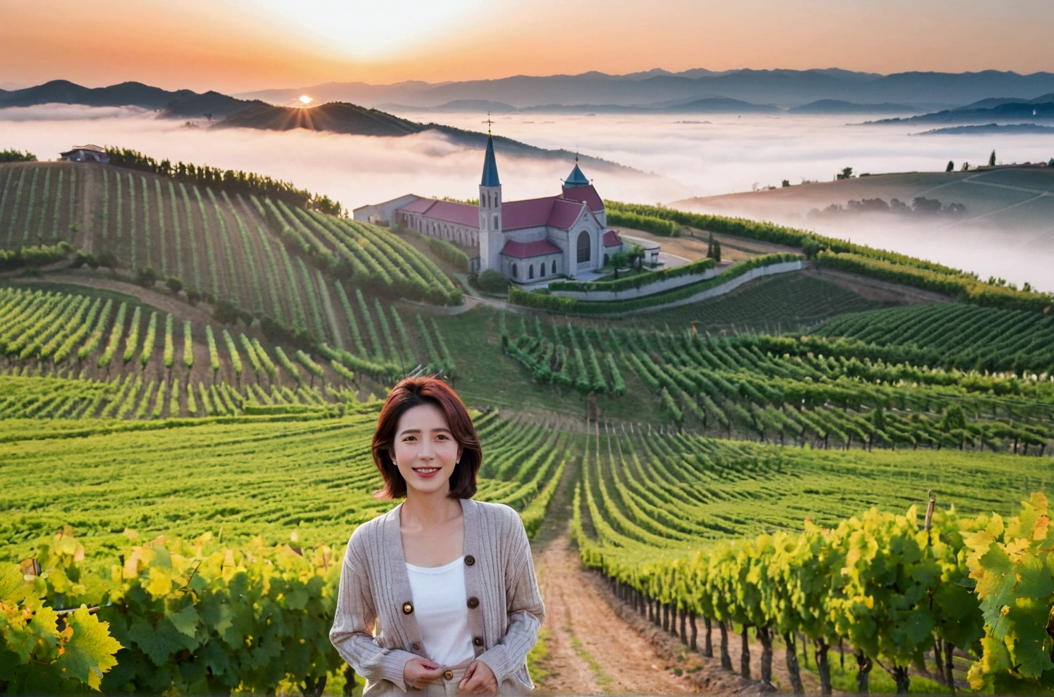 high quality, In 8K, 32K, Photo of a beautiful 36-year-old Korean woman, short medium hair, Inspired by Son Ye-jin, whole body, face focus, Shirt that goes up to the neck and a short cardigan from a luxury brand, beige casual pants, Italian countryside vineyard background, Ranged、make a happy face, 새벽 진한 한개속 The cathedral is visible in the distance, There is thick fog, path, looking up the side, Wear a shirt that covers your chest, The cathedral is visible in the distance, Photo of endless vineyard scenery, look up the side. thick dawn fog, Well-groomed hair, Photo of an elegant and modest woman, Endless vineyards, Vivid picture quality, Clear picture quality, 언덕 위 path, 1 woman, colonnade가 있는 휘어진 path 언덕에서 바라본다. colonnade, The waist area is visible. 휘어진 path에 서있다, colonnade가 있는 어덕길에 서있다, Looking down on the vineyard from the hill, The cathedral is visible in the distance,, 휘어진 path, White shirt and short Myeongmum brand cardigan, three-dimensional shape of grape leaves, wide angle lens shot, Express your fingers carefully, Express your fingers accurately, Put your hands in your pockets