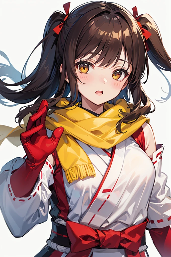 km, 1girl, ascot, blush, bow, brown eyes, brown hair, hair bow, hair tubes, japanese clothes, long hair, mittens, nontraditional miko, one-hour drawing challenge, open mouth, portrait, red bow, red mittens, scarf, sidelocks, simple background, solo, white background, yellow ascot, yellow scarf