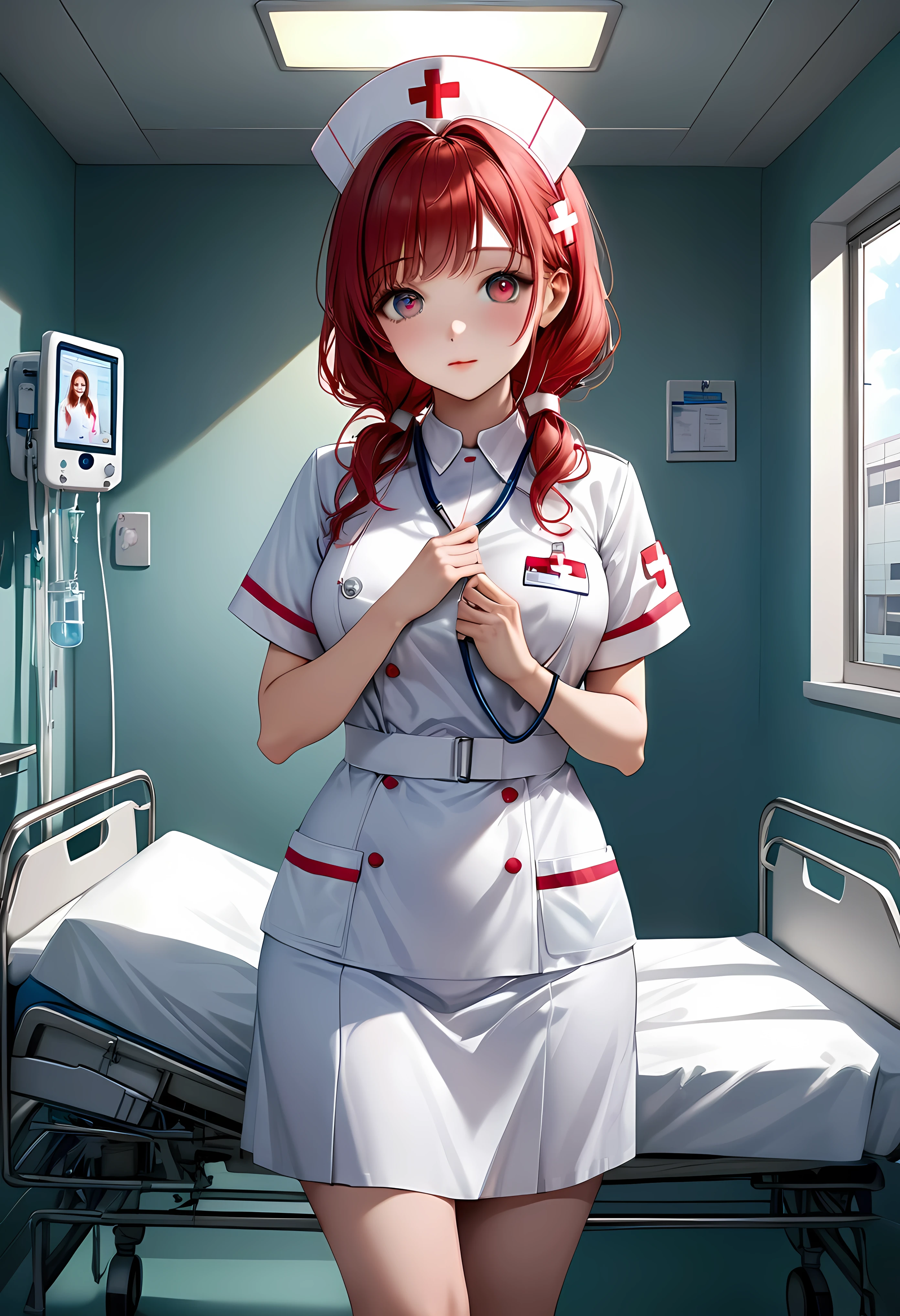 Create a stunning, ultra-high-definition image in 16K resolution that captures the serene and professional atmosphere of a modern hospital room with a realistic photo aesthetic. | Visualize a beautiful female nurse with cute dimples and vibrant red hair, embodying both kindness and competence. She has warm, expressive heterochromia eyes and a natural beauty that shines through her caring demeanor. She is dressed in a stylish yet practical nurse's outfit, featuring a crisp white uniform with light blue accents, a name tag, and comfortable, clean shoes. Her attire should blend traditional medical elements with subtle contemporary touches. | The scene is set in a bright and clean hospital room with advanced medical equipment, a patient bed, and large windows letting in natural light. The walls are painted in calming pastel colors, and the environment exudes a sense of calm and professionalism. | Capture the nurse in a dynamic yet gentle pose, perhaps with one hand holding a clipboard and the other adjusting an IV drip, as she attentively cares for a patient. Her expression should convey a mix of compassion and focus, with a hint of warmth. The camera angle should emphasize her full body, highlighting the details of her uniform and her attentive, nurturing presence. | The overall ambiance should integrate soothing colors and rich details, creating a sense of depth and immersion in this modern medical setting. Ensure anatomical correctness, with a focus on ultra-detailed textures and high-quality rendering, capturing every nuance of the nurse's appearance and her professional surroundings. This masterpiece should embody the spirit of care and dedication, immersing viewers in its lifelike depiction. | Keywords: (beautiful female nurse:1.3), ((realistic photo)), ((cute dimples):1.2), ((modern hospital)), ((attentive pose)).
