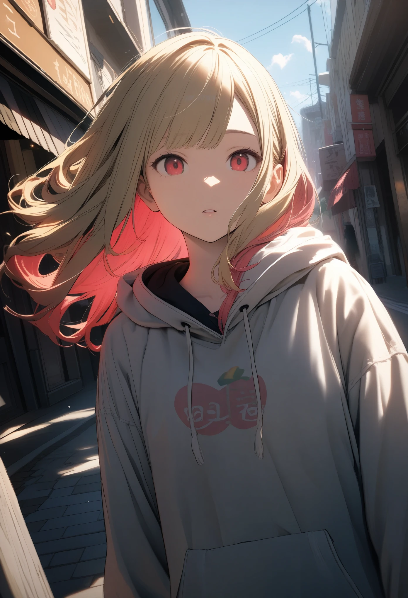 15-year-old girl, (Large hoodie、Chopin)、(Golden hair color,Red pink inner color hairstyle), (beautiful smooth hair), Facial Contour, Remember, Shopping Street, sunlight、splash, Lens flare,, Natural Color, High resolution, Very delicate, Very detailed, 8k,（My breasts are just a little swollen,About B cup）、Shyness,((Sexual))、Top view angle